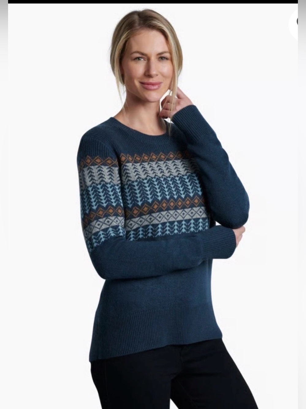 Kuhl Nordik Sweater Womens Large Blue Pullover Merino Wool Blend Fair Isle Nice